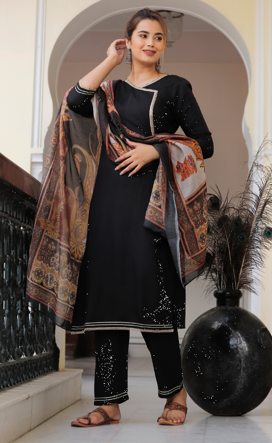 Women's Black Kurta And Pant Set With Dupatta
