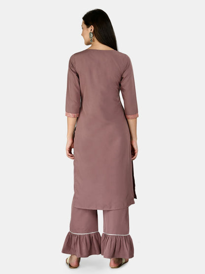 Women's Purple Polyester Printed 3/4 Sleeve Round Neck Casual Kurta Palazzo Dupatta Set