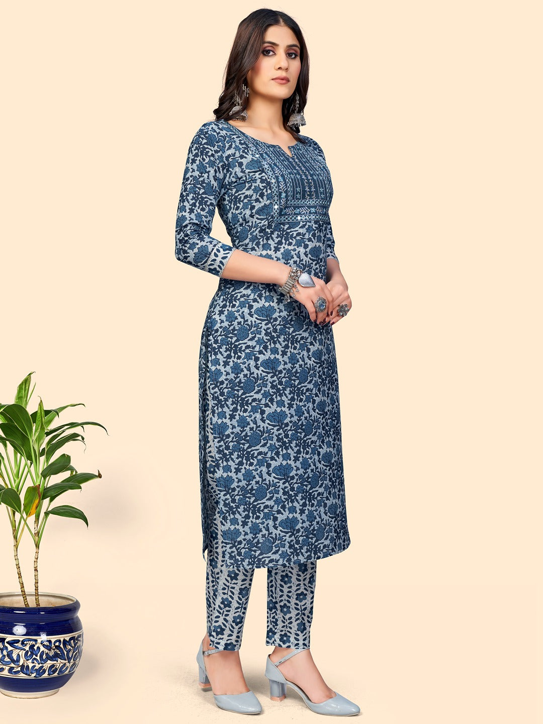 Women's Print & Embroidered Straight Cotton Blue Stitched Kurta Pant With Dupatta