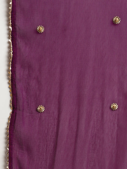 Women's Brinjal Color Polyster blend Self Design Kurta Pant With Dupatta