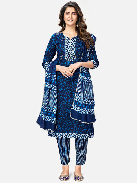 Women's Shibori Print & Sequence Straight Cotton Blue Kurta Pant With Dupatta (3Pcs Set)
