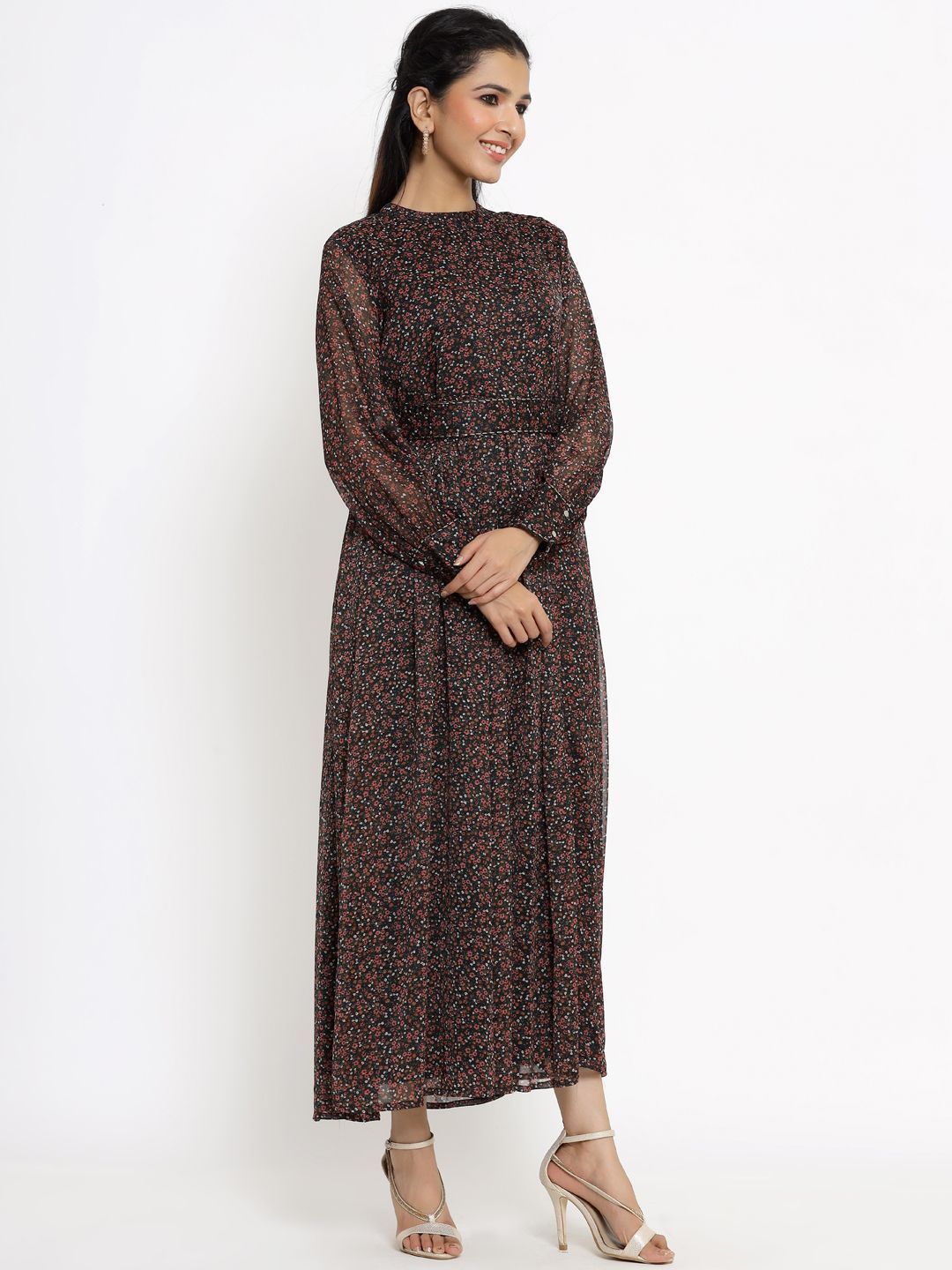 Women's Black Alphin Chiffon Flared Printed Dress With Tie-up Blet2