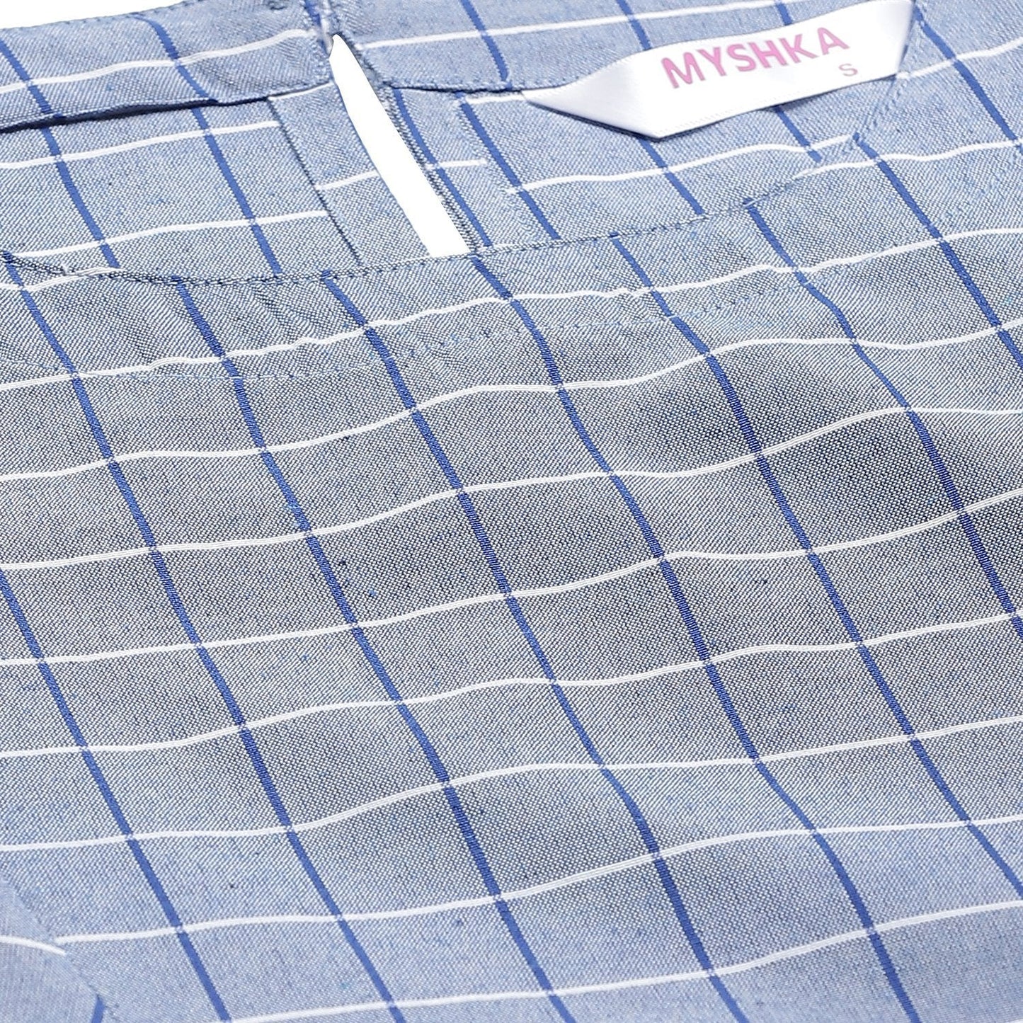 Women's Blue Cotton Check Sleeveless Round Neck Casual Top