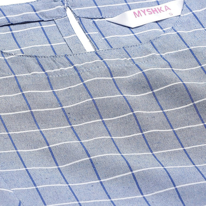 Women's Blue Cotton Check Sleeveless Round Neck Casual Top