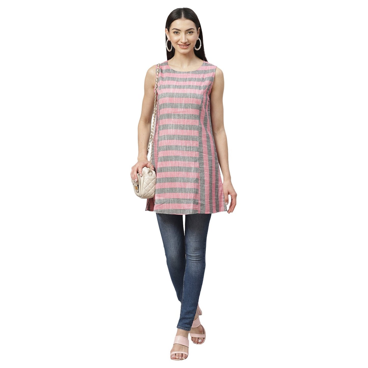 Women's Multicolor Cotton Check Sleeveless Round Neck Casual Top