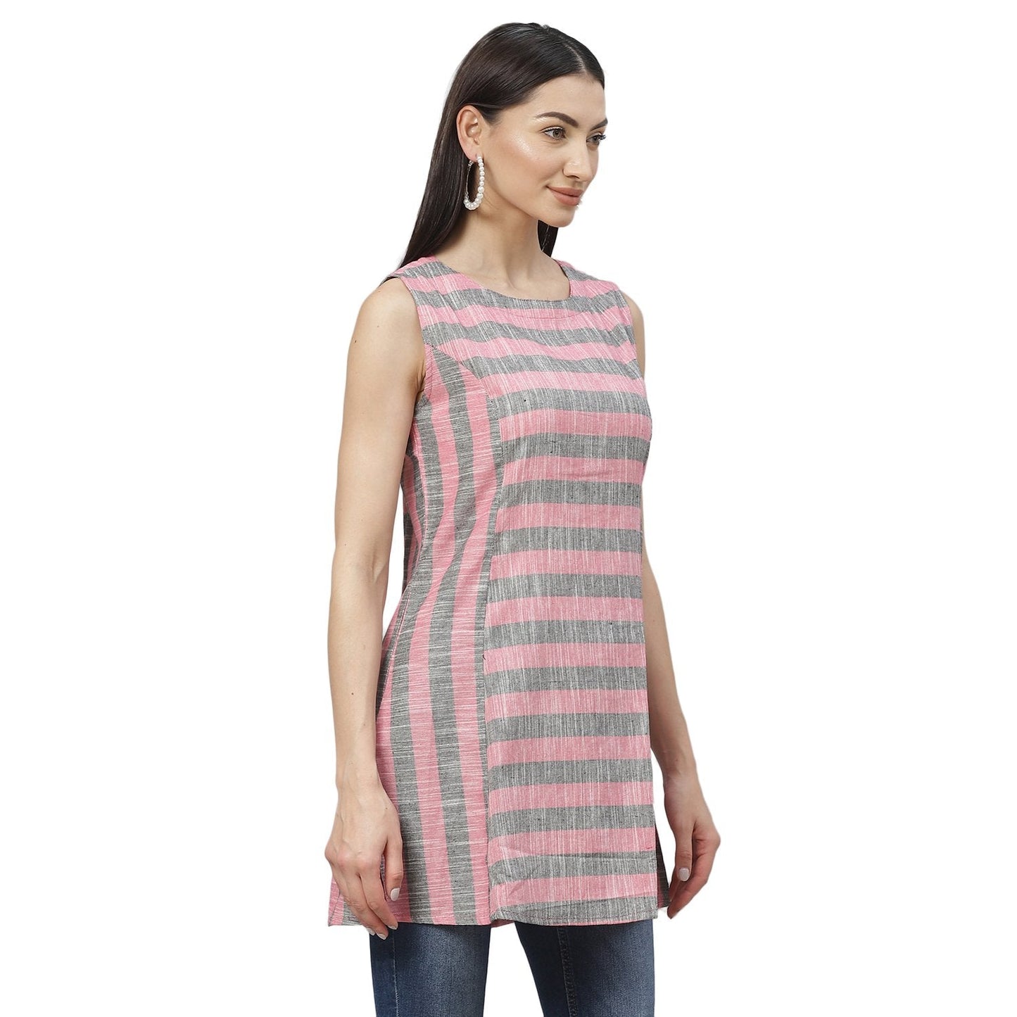 Women's Multicolor Cotton Check Sleeveless Round Neck Casual Top