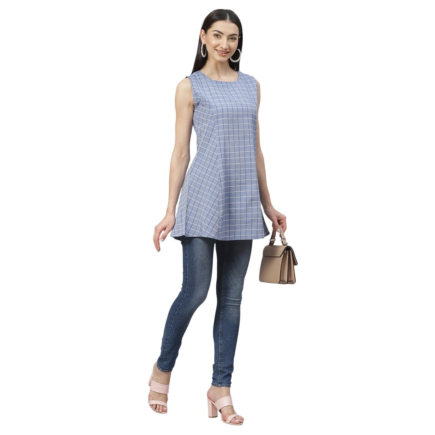 Women's Blue Cotton Check Sleeveless Round Neck Casual Top