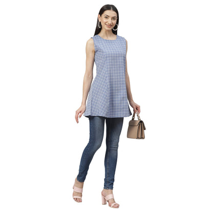 Women's Blue Cotton Check Sleeveless Round Neck Casual Top
