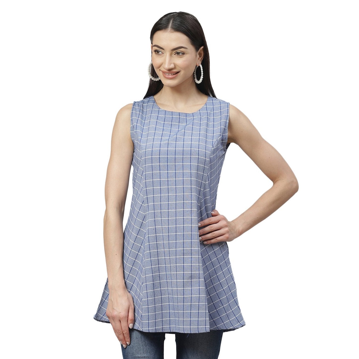 Women's Blue Cotton Check Sleeveless Round Neck Casual Top