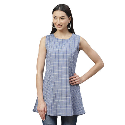 Women's Blue Cotton Check Sleeveless Round Neck Casual Top