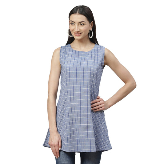 Women's Blue Cotton Check Sleeveless Round Neck Casual Top