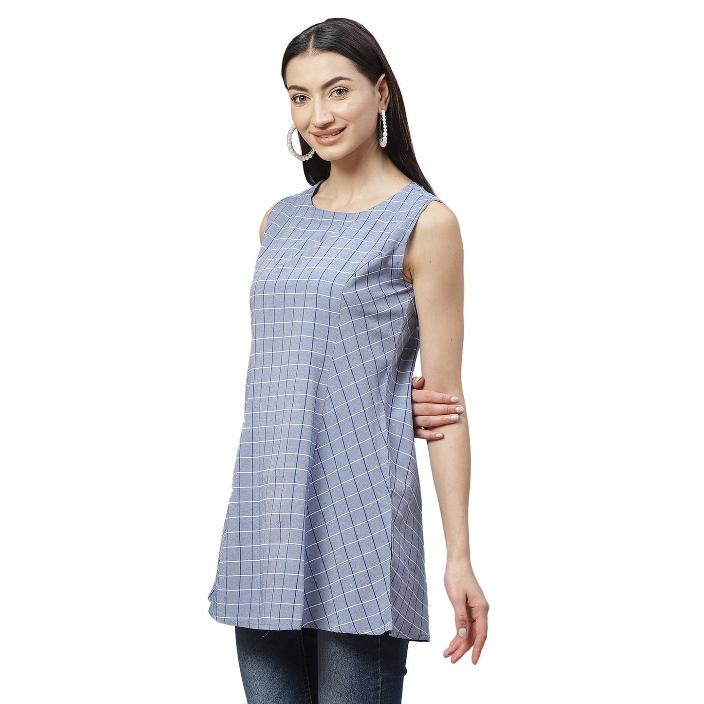 Women's Blue Cotton Check Sleeveless Round Neck Casual Top