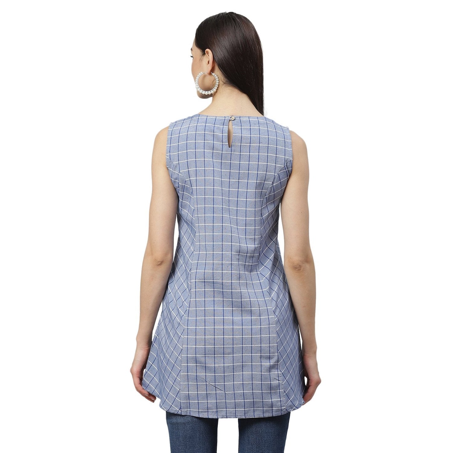 Women's Blue Cotton Check Sleeveless Round Neck Casual Top