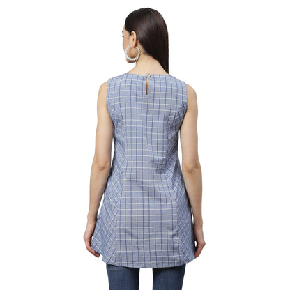 Women's Blue Cotton Check Sleeveless Round Neck Casual Top