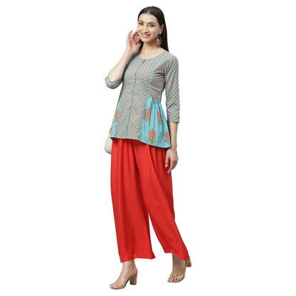 Women's Rama Green Cotton Printed Printed 3/4 Sleeve Round Neck Casual Top