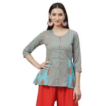 Women's Rama Green Cotton Printed Printed 3/4 Sleeve Round Neck Casual Top