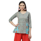 Women's Rama Green Cotton Printed Printed 3/4 Sleeve Round Neck Casual Top