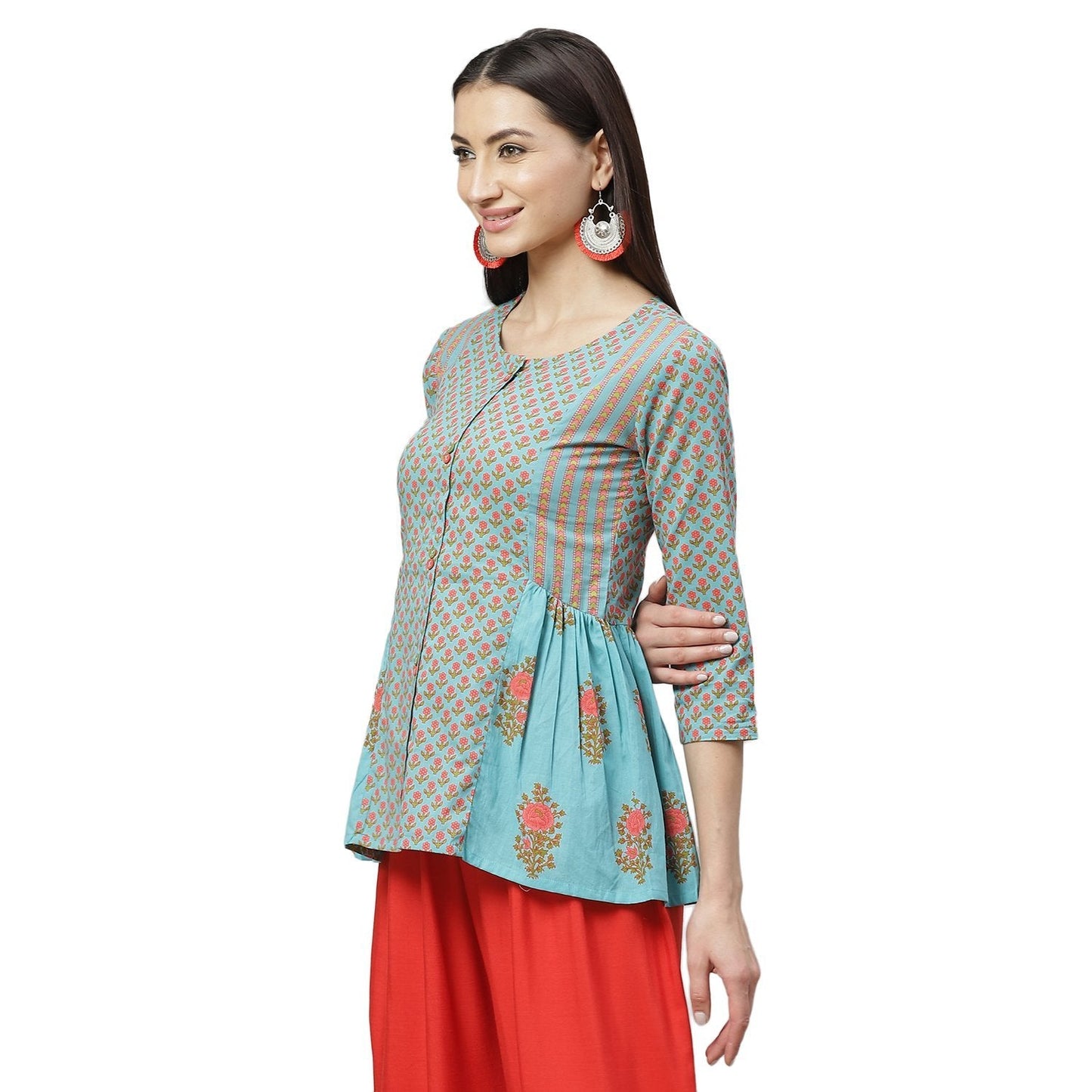 Women's Rama Green Cotton Printed Printed 3/4 Sleeve Round Neck Casual Top