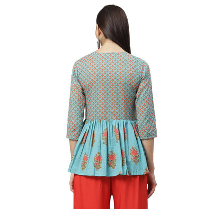 Women's Rama Green Cotton Printed Printed 3/4 Sleeve Round Neck Casual Top