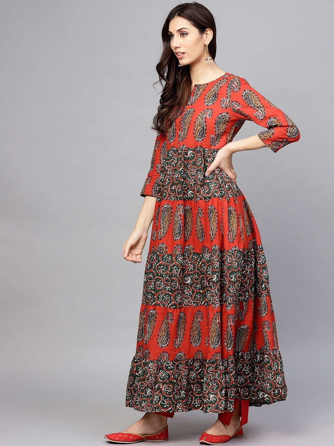 Women's  Rust Orange & Green Printed Tiered Anarkali Kurta