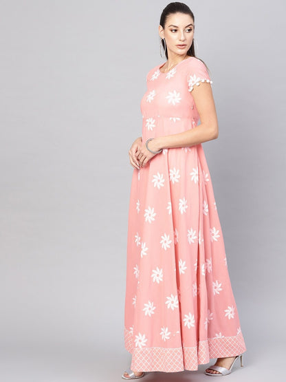 Women's  Peach-Coloured & White Floral Khari Print Maxi Dress