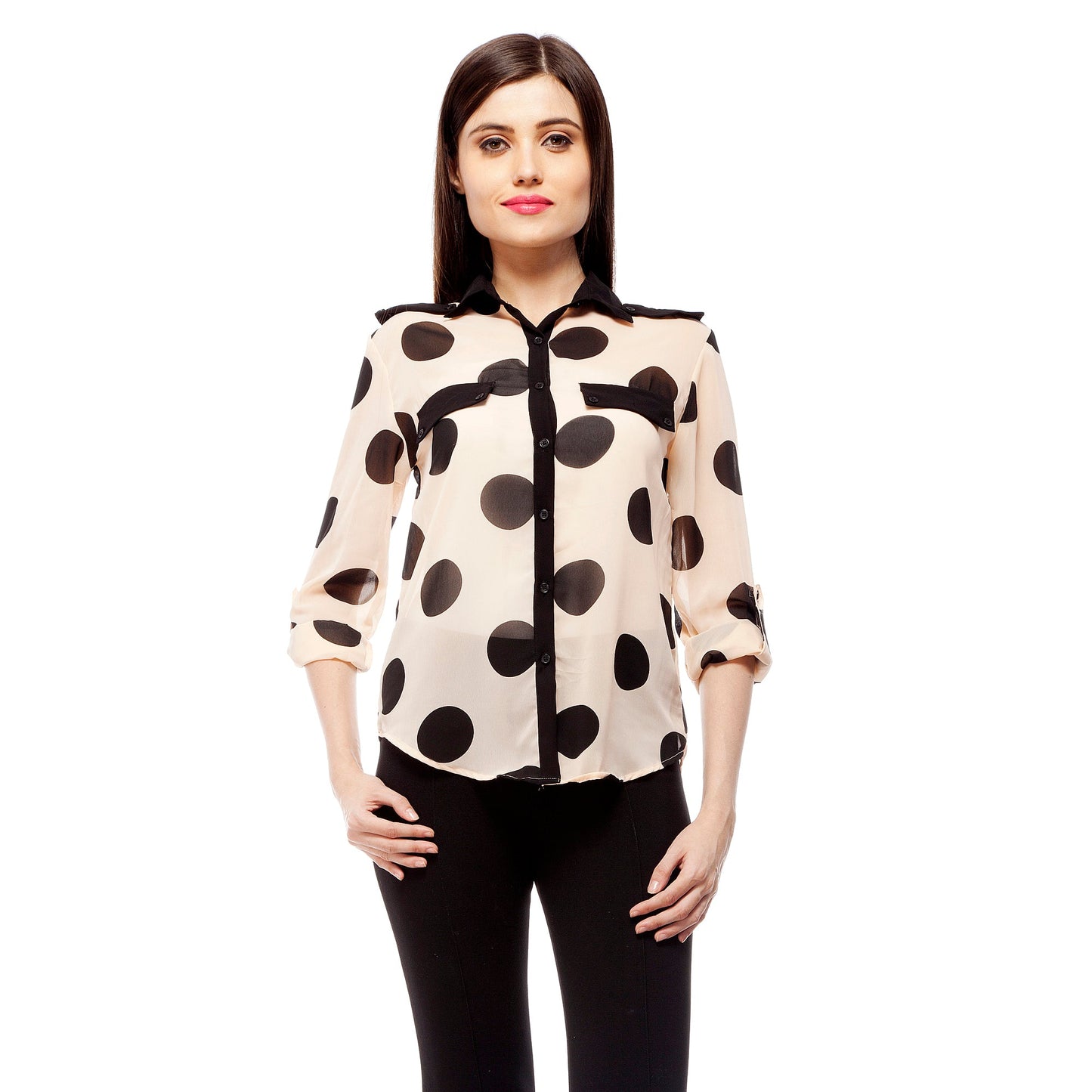 Women's Peach & Black Polyester Polka Shirt