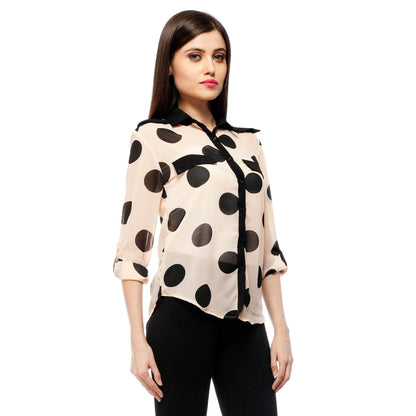 Women's Peach & Black Polyester Polka Shirt