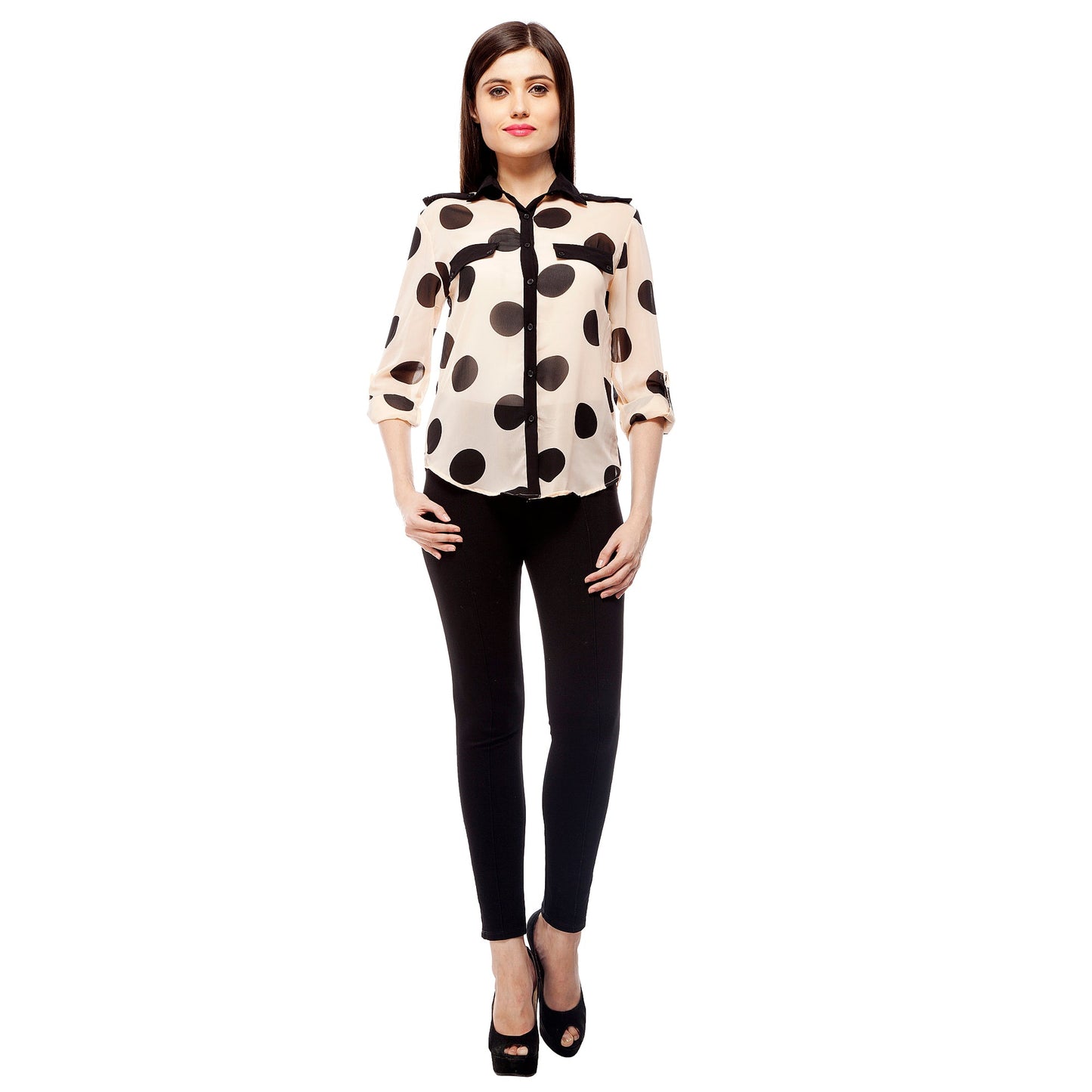 Women's Peach & Black Polyester Polka Shirt