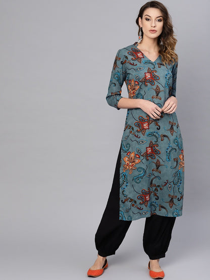 Women's  Blue & Black Printed Kurta with Trousers