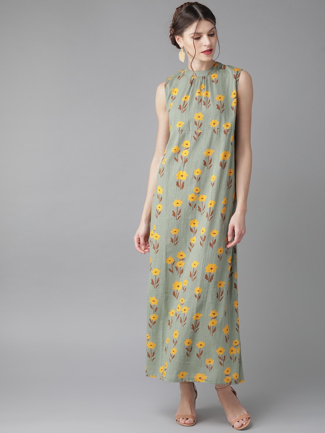 Women's  Green & Mustard Yellow Printed Maxi Dress