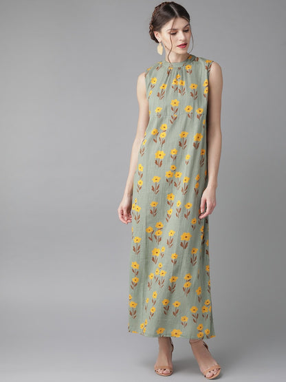 Women's  Green & Mustard Yellow Printed Maxi Dress
