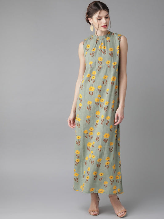 Women's  Green & Mustard Yellow Printed Maxi Dress