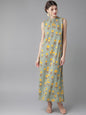 Women's  Green & Mustard Yellow Printed Maxi Dress