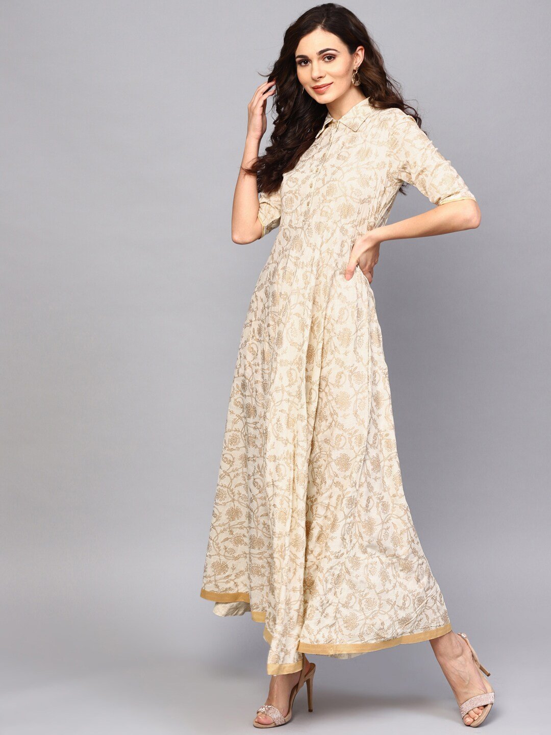 Women's  Off-White & Golden Printed Maxi Dress