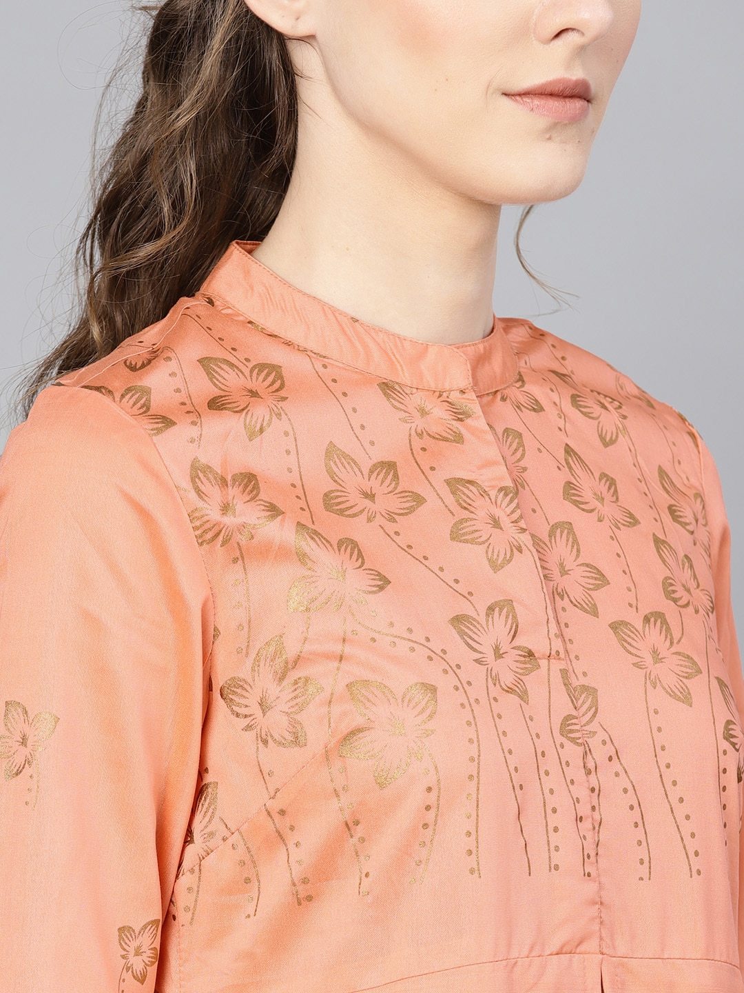 Women's  Peach-Coloured & Green Floral Printed Layered A-Line Kurta