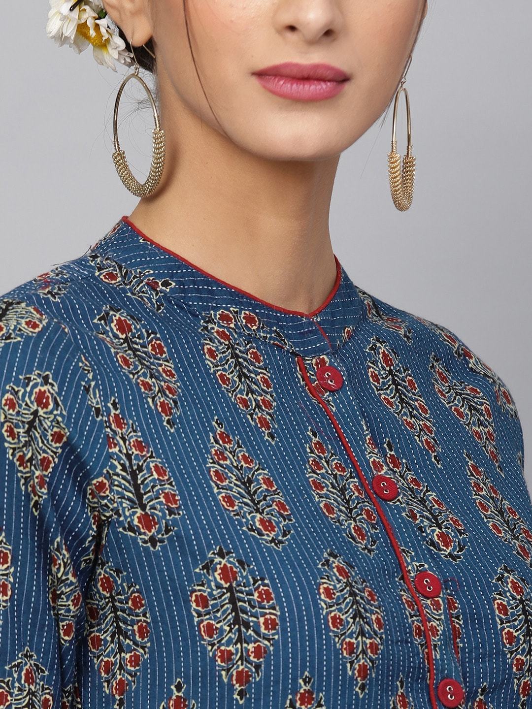 Women's  Navy Blue & Maroon Printed Kantha Work Straight Kurta