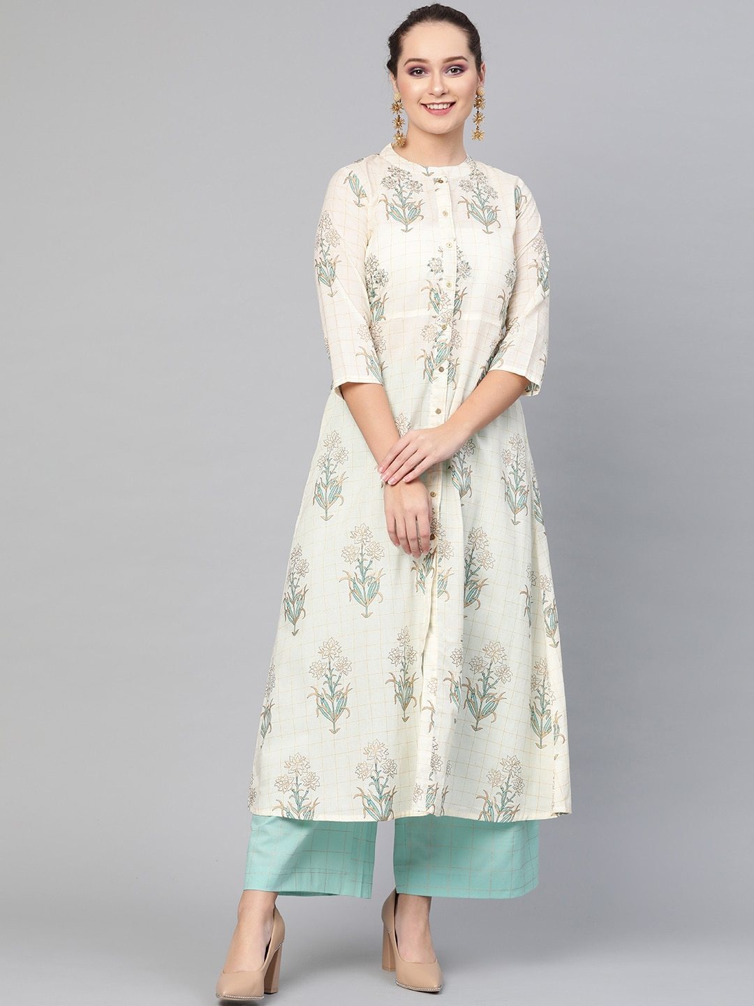 Women's  Cream-Coloured & Sea Green Printed Kurta with Palazzos