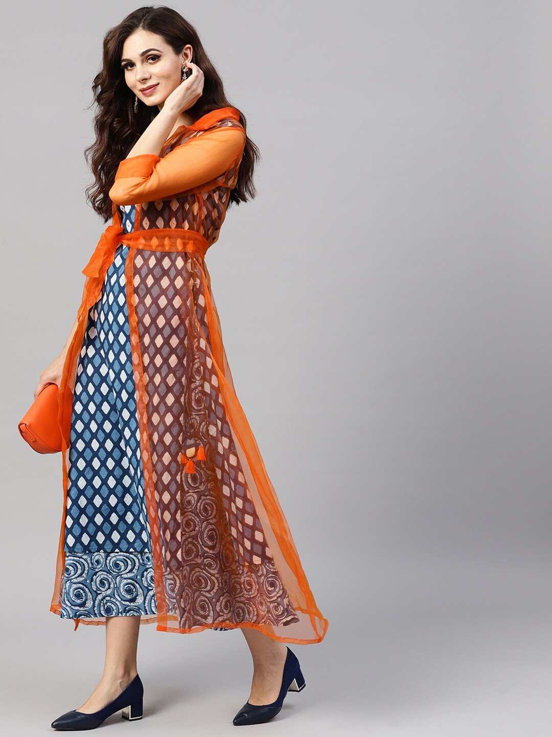 Women's  Orange Sheer Solid Lightweight Longline Ethnic Jacket