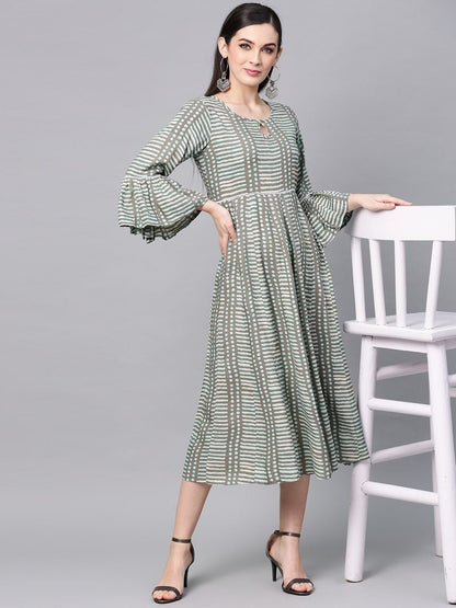 Women's  Grey & Blue Printed Empire Dress