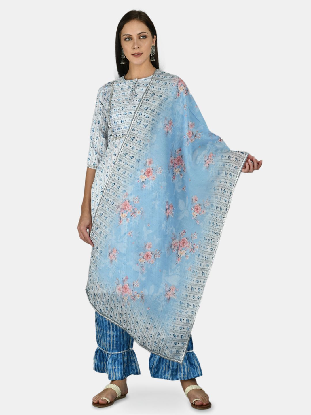 Women's Blue Silk Printed 3/4 Sleeve Round Neck Casual Kurta Palazzo Dupatta Set