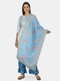 Women's Blue Silk Printed 3/4 Sleeve Round Neck Casual Kurta Palazzo Dupatta Set