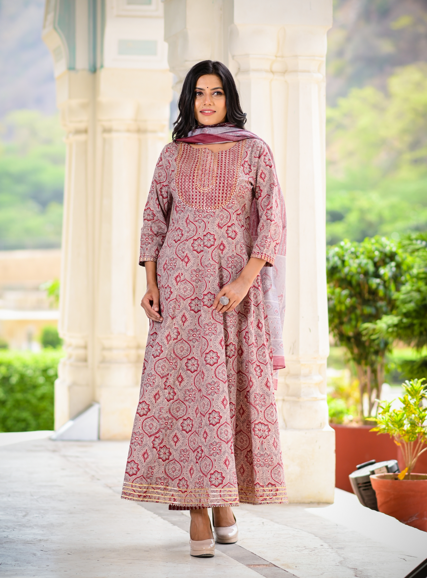 Women's Maroon Handblock Dupatta Set