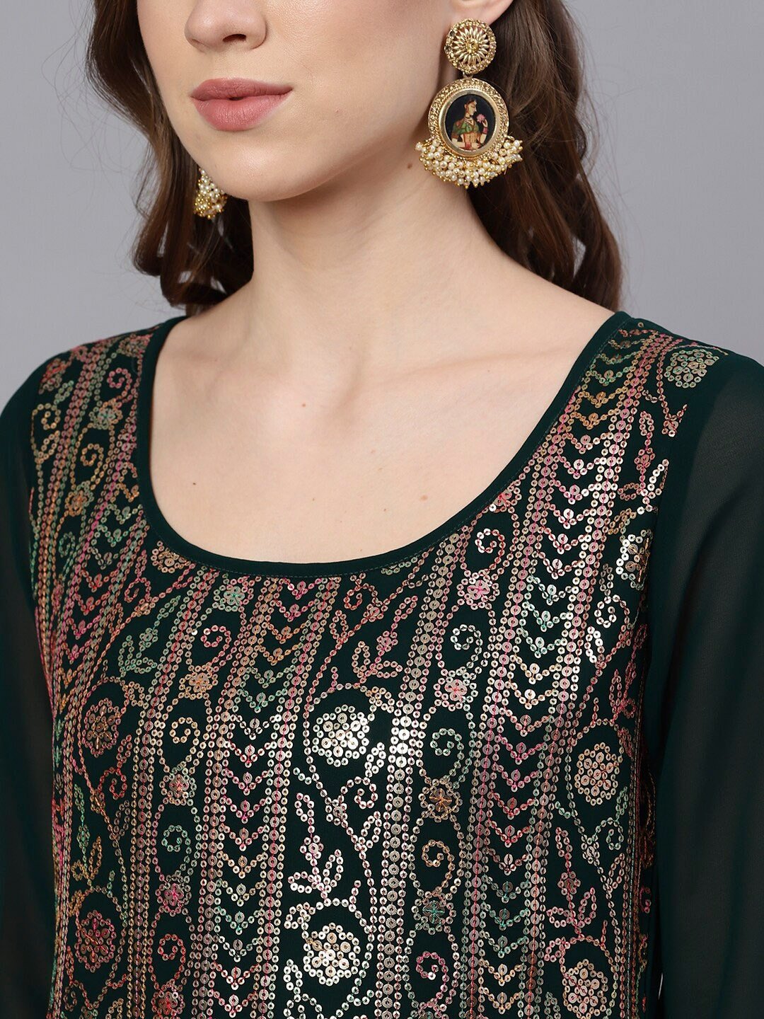 Women's  Green & Gold-Toned Embroidered Kurta with Palazzos & Dupatta