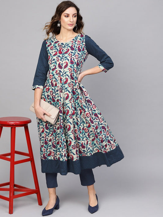 Women's  Off-White & Navy Blue Printed A-Line Kurta