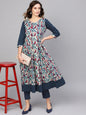Women's  Off-White & Navy Blue Printed A-Line Kurta