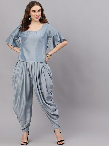 Women's Pastel Blue Chinon Design Top With Dhoti Pant