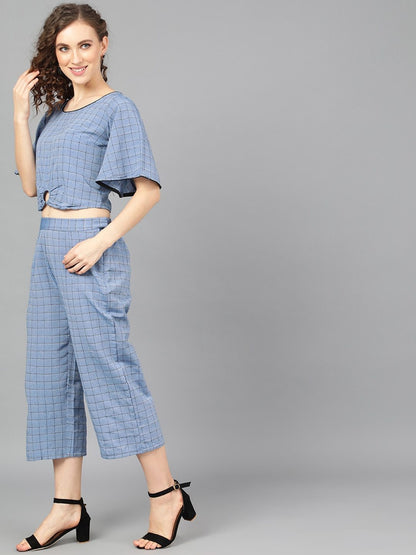 Women's  Blue & Black Checked Two-Piece Jumsuit
