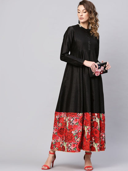 Women's  Black Floral Printed Detail Maxi Dress