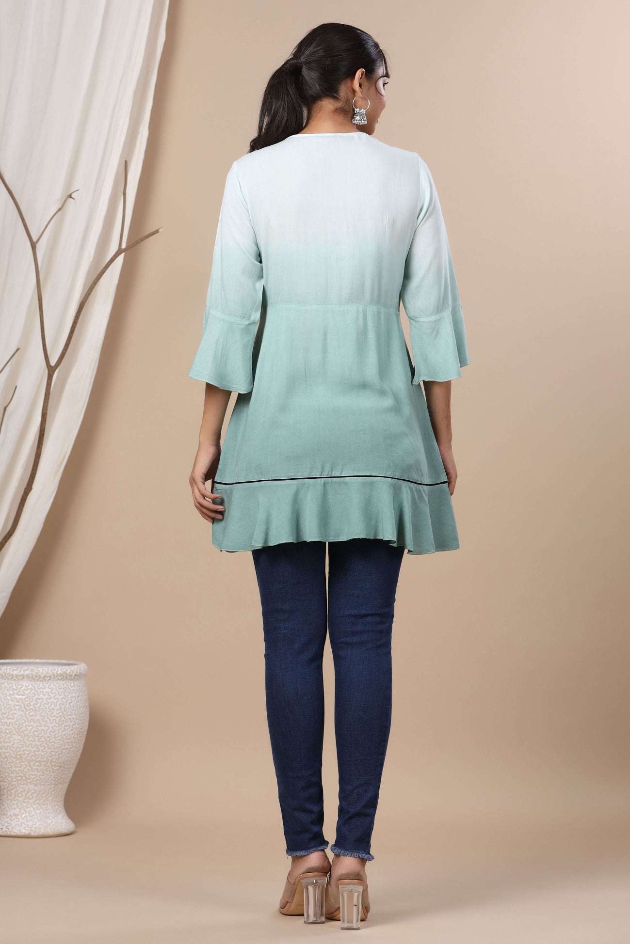 Women's  Sage Green Rayon Festive Embroidered Tiered Tunic For Women