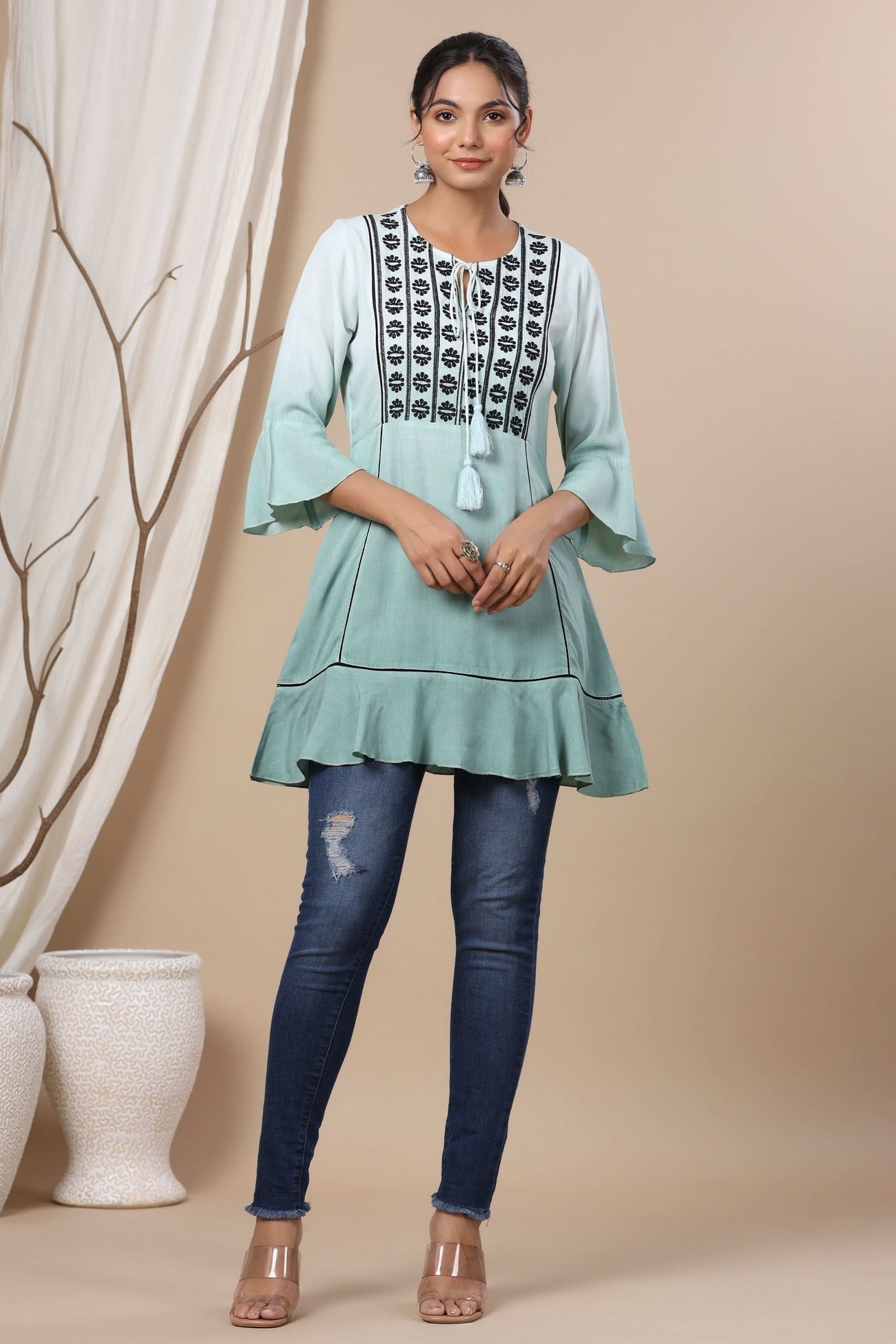 Women's  Sage Green Rayon Festive Embroidered Tiered Tunic For Women